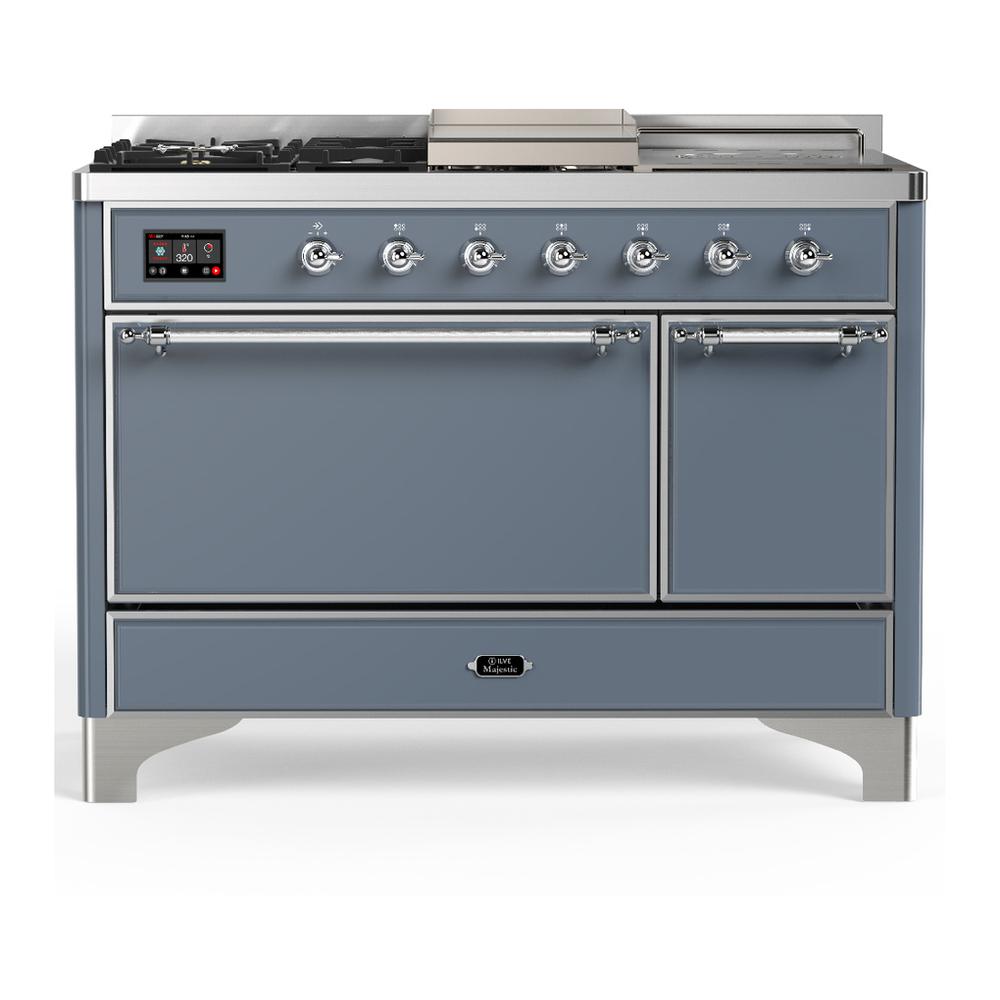 ILVE UM48FSQNR3BGCLP Majestic III 48 inch Dual Fuel Range with 5 Black Brass Burners, Griddle and French Top, Dual Function Burner up to 25,000 BTU (Liquid Propane, Solid Door, Blue Grey, Chrome)