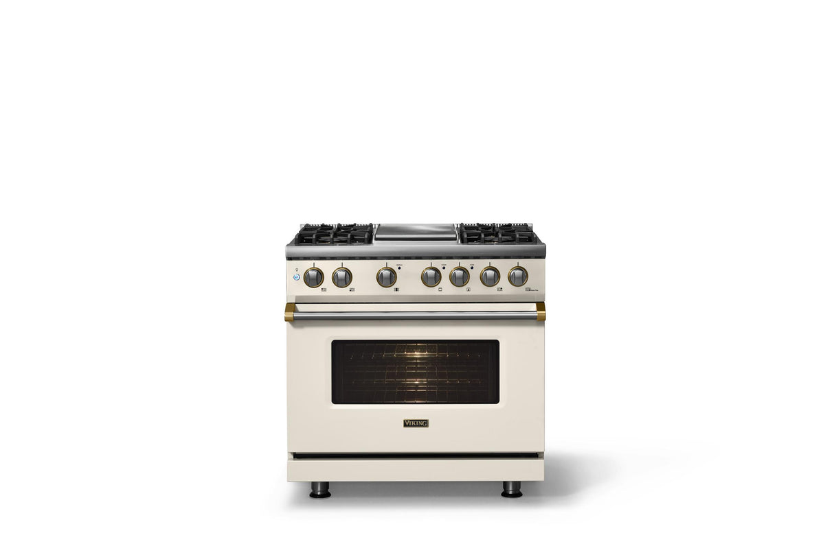 36"W. Dual Fuel Range (Burner: 4g, Finish: Pure White, Trim: Brushed Brass, Fuel: Propane)