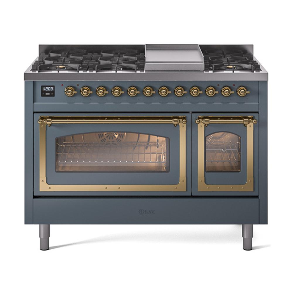 ILVE UN48FNMPBGGLP Nostalgie II Noblesse 48 inch Dual Fuel Range (8 Sealed Burners + Griddle, Liquid Propane, Triple Glass Door, Blue Grey, Brass)
