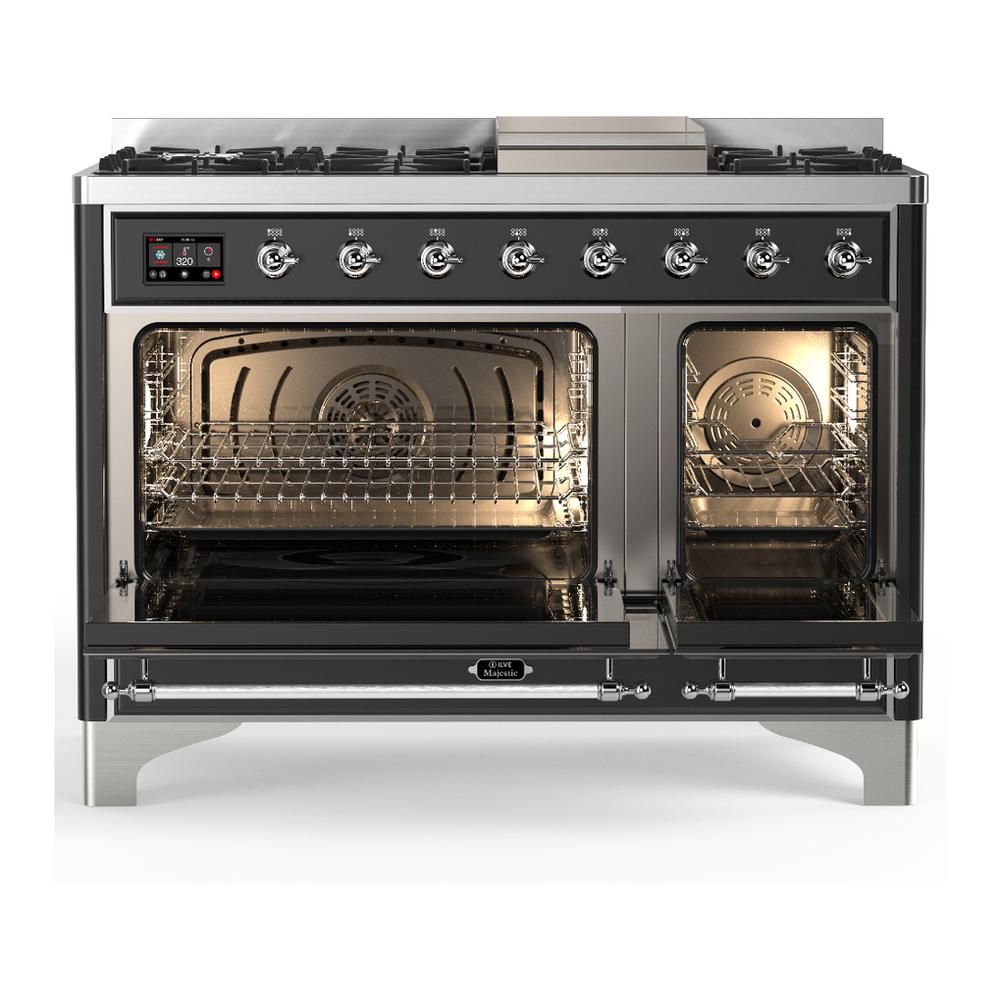 ILVE UM48FQNR3MGCLP Majestic III 48 inch Dual Fuel Range with 8 Burners and Griddle, Dual Function Burner up to 25,000 BTU (Liquid Propane, Solid Door, Graphite Matte, Chrome)