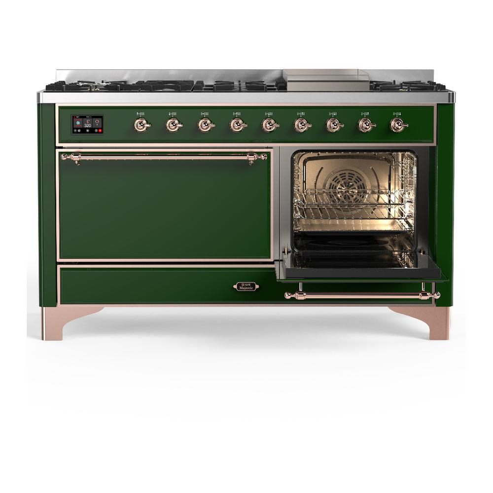 ILVE UM60FQNR3EGP Majestic III 60 inch Dual Fuel Range with 9 Burners and Griddle, Dual Function Burner up to 25,000 BTU (Natural Gas, Solid Door, Emerald Green, Copper)