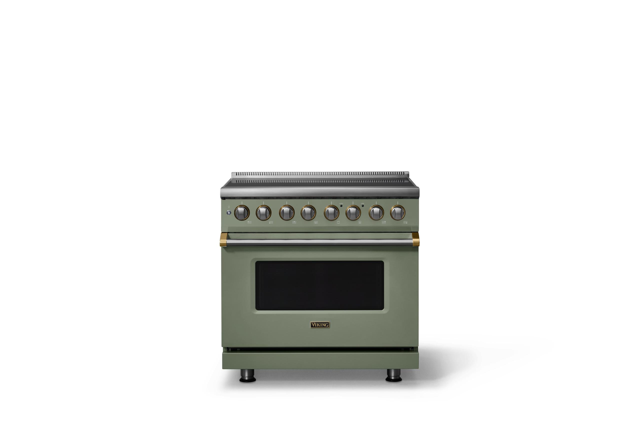 36"W. Induction Range (Finish: Eucalyptus, Trim: Brushed Brass)