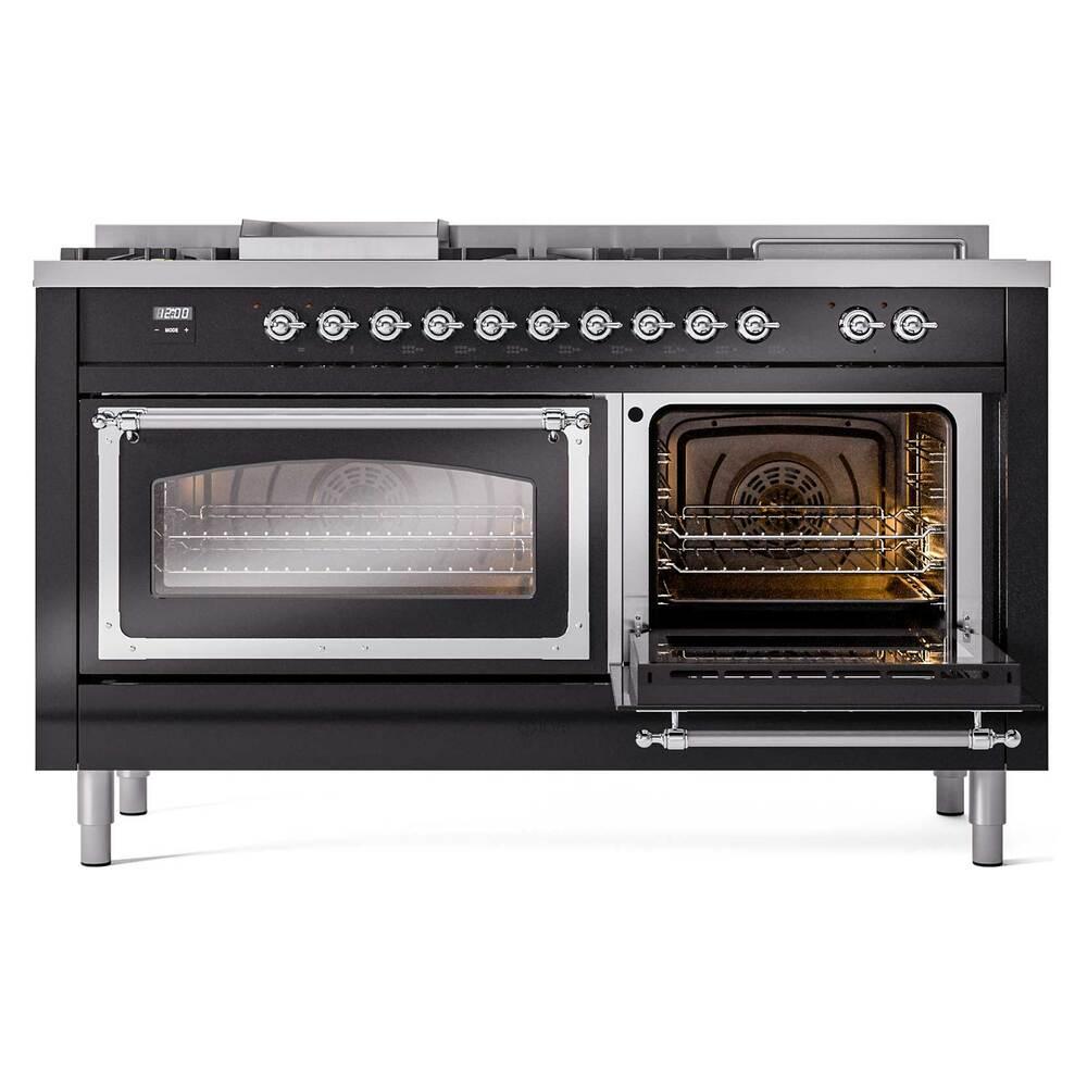 ILVE UN60FSNMPBKCLP Nostalgie II Noblesse 60 inch Dual Fuel Range (7 Sealed Burners + Griddle + French Top, Liquid Propane, Triple Glass Door, Glossy Black, Chrome)