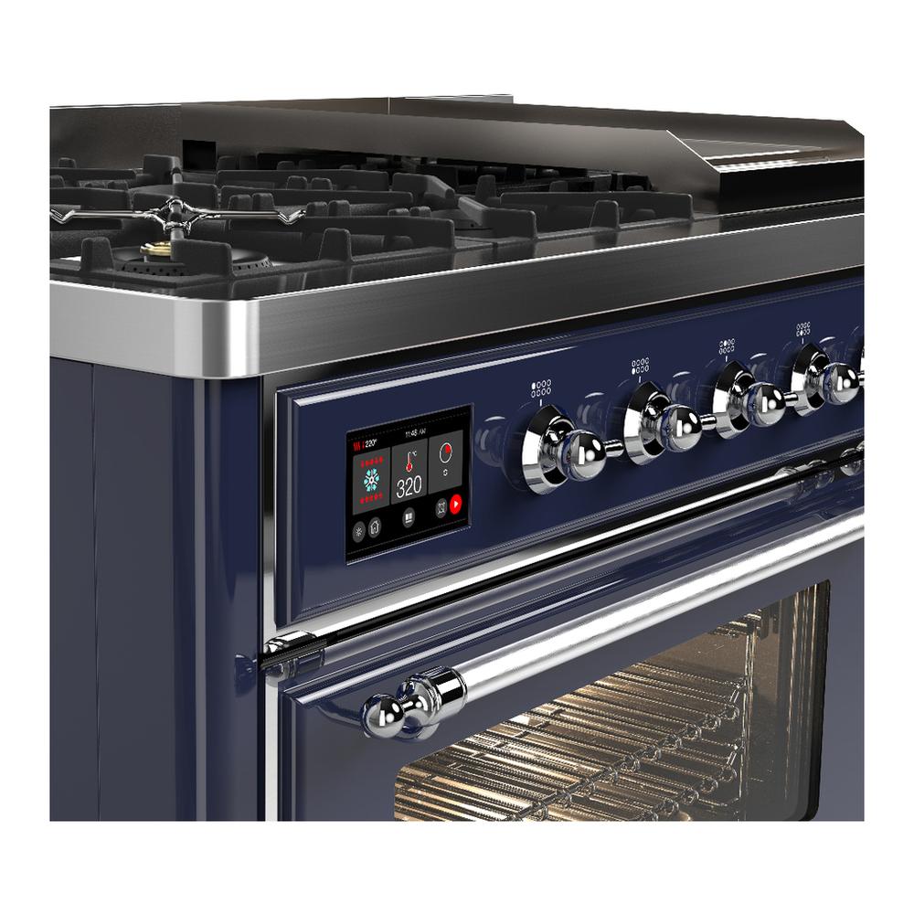ILVE UM48FNR3MBC Majestic III 48 inch Dual Fuel Range with 8 Burners and Griddle, Dual Function Burner up to 25,000 BTU (Natural Gas, Triple Glass Door, Midnight Blue, Chrome)