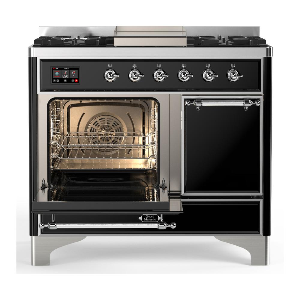 ILVE UMD40FQNR3BKCLP Majestic III 40 inch Dual Fuel Range with 6 Burners and Griddle, Dual Function Burner up to 25,000 BTU (Liquid Propane, Solid Door, Glossy Black, Chrome)