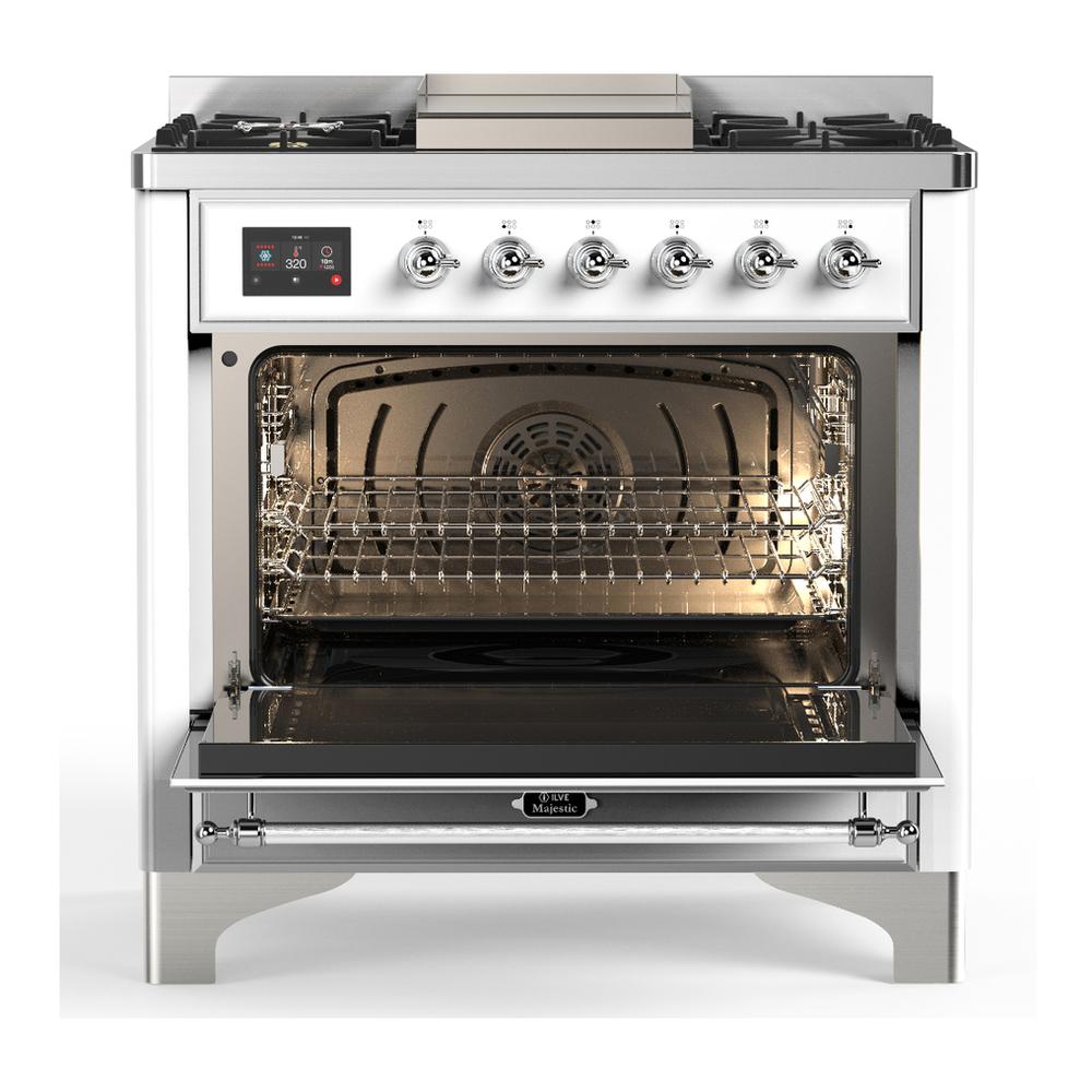 ILVE UM36FQNR3WHC Majestic III 36 inch Dual Fuel Range with 6 Black Brass Burners and Griddle, Dual Function Burner up to 25,000 BTU (Solid Door, White, Chrome, Natural Gas)
