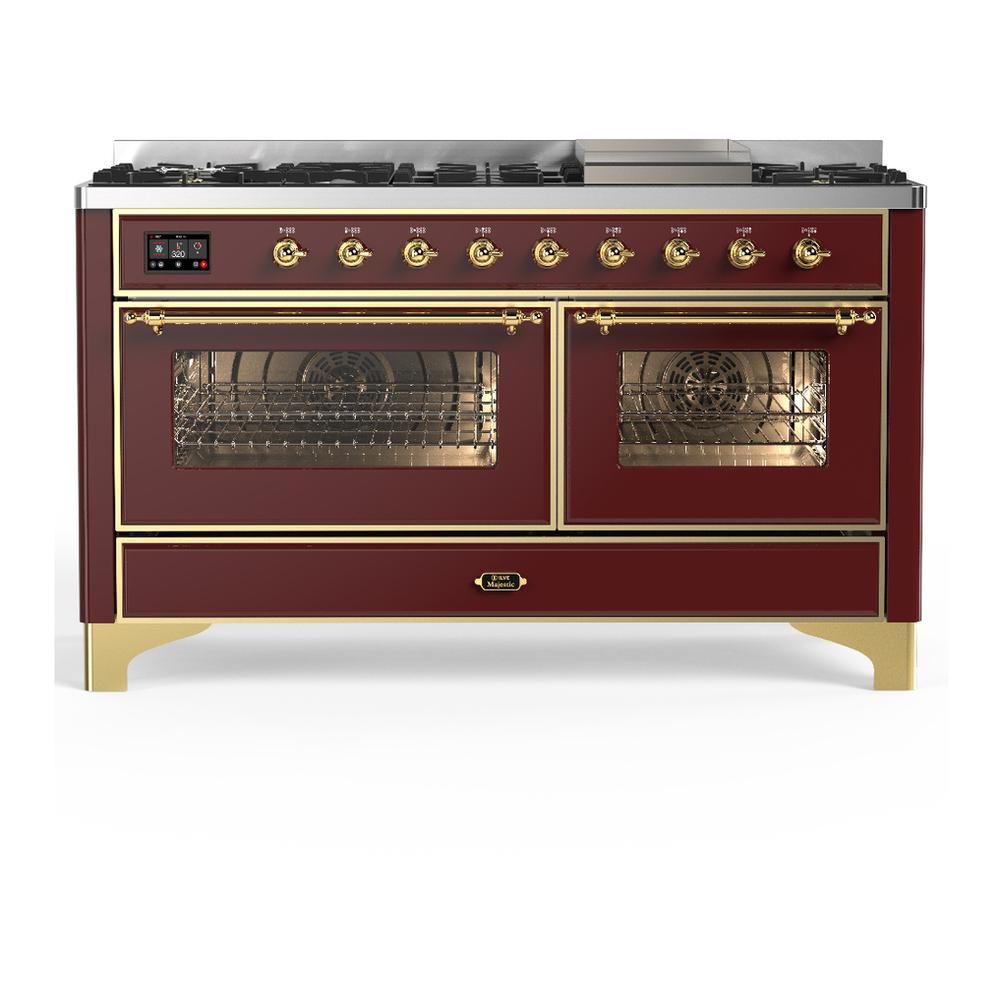 ILVE UM60FNR3BUG Majestic III 60 inch Dual Fuel Range with 9 Burners and Griddle, Dual Function Burner up to 25,000 BTU (Natural Gas, Triple Glass Door, Burgundy, Brass)
