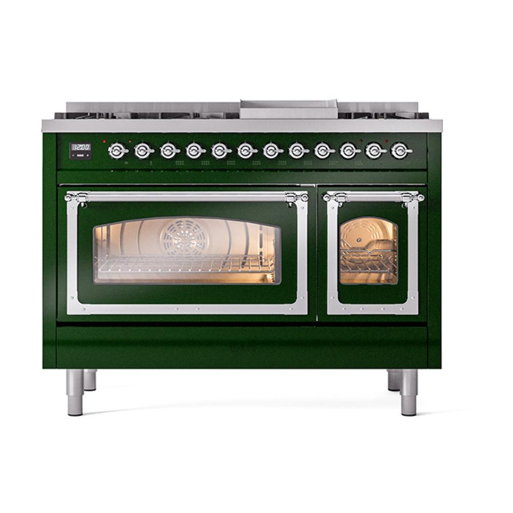 ILVE UN48FNMPEGCLP Nostalgie II Noblesse 48 inch Dual Fuel Range (8 Sealed Burners + Griddle, Liquid Propane, Triple Glass Door, Emerald Green, Chrome)