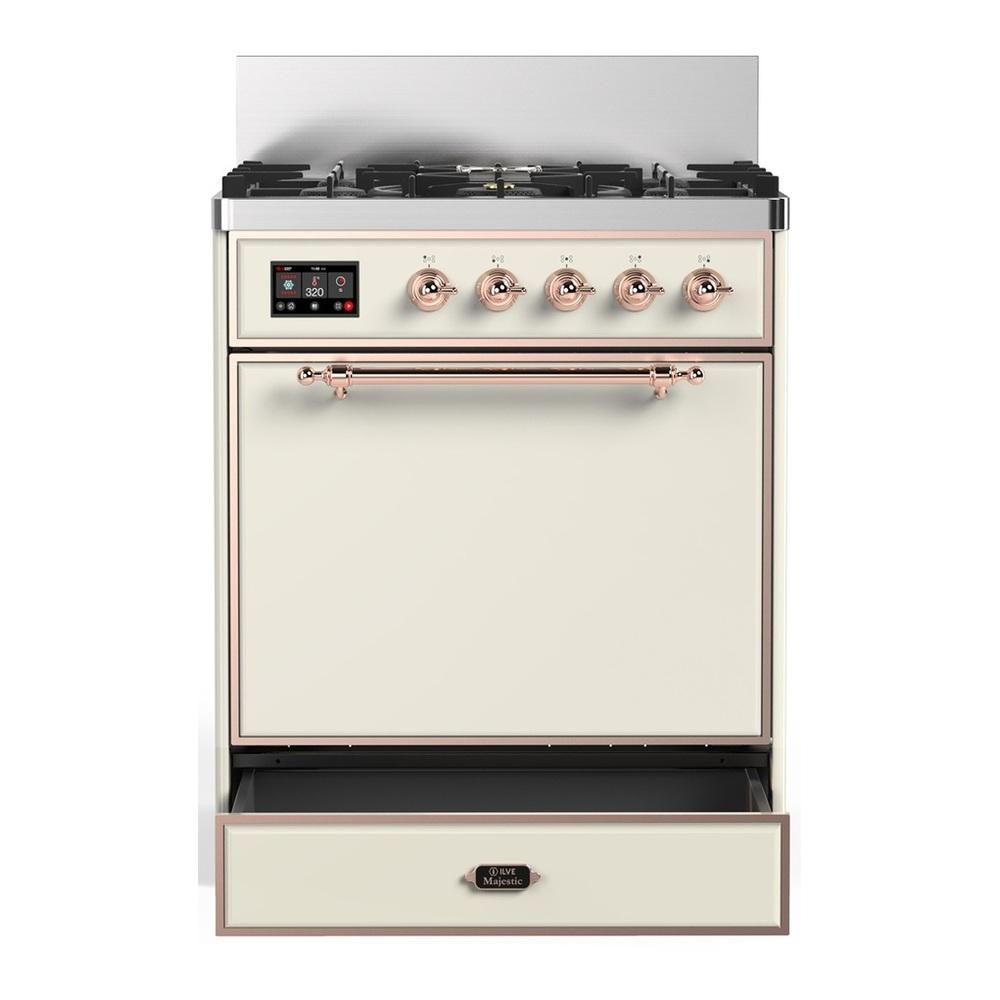 ILVE UM30QNR3AWPLP Majestic III 30 inch Dual Fuel Range with 5 Black Brass Burners, Dual Function Burner up to 25,000 BTU (Liquid Propane, Solid Door, Antique White, Copper)