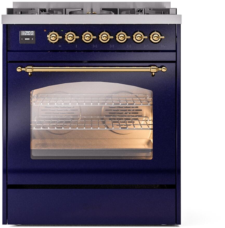 Nostalgie II 30 Inch Dual Fuel Liquid Propane Freestanding Range in Blue with Brass Trim