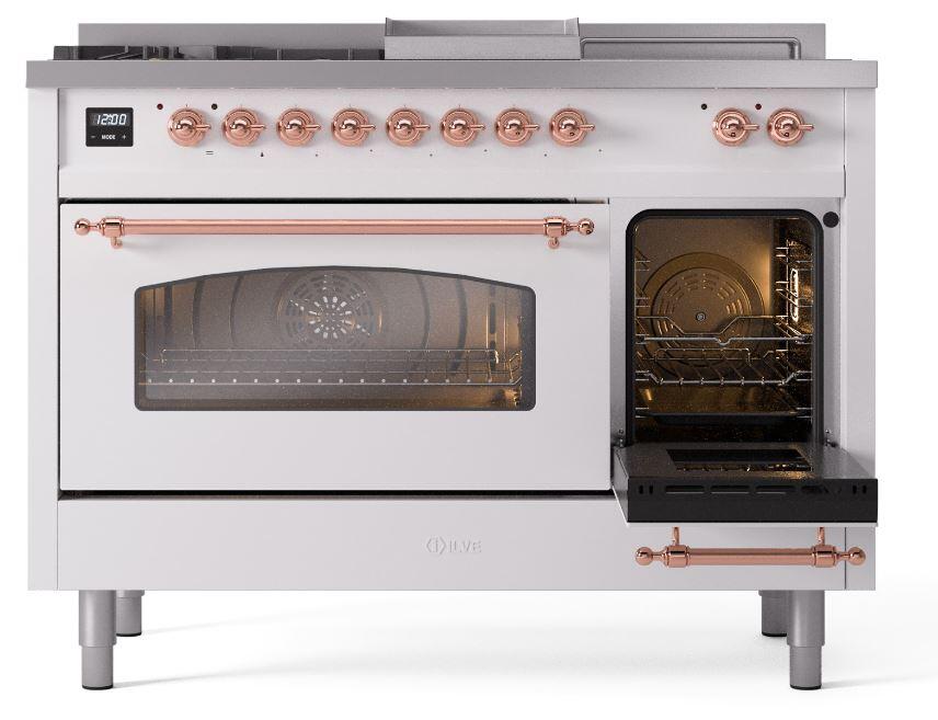 Nostalgie II 48 Inch Dual Fuel Liquid Propane Freestanding Range in White with Copper Trim