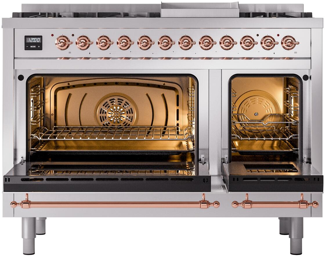 Nostalgie II 48 Inch Dual Fuel Natural Gas Freestanding Range in Stainless Steel with Copper Trim