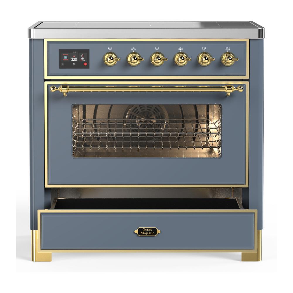 ILVE UMIB36NR3BGG Majestic III 36 inch Induction Range with 6 Elements, 3.5 cu. ft. Total Oven Capacity (Triple Glass Door, Blue Grey, Brass)