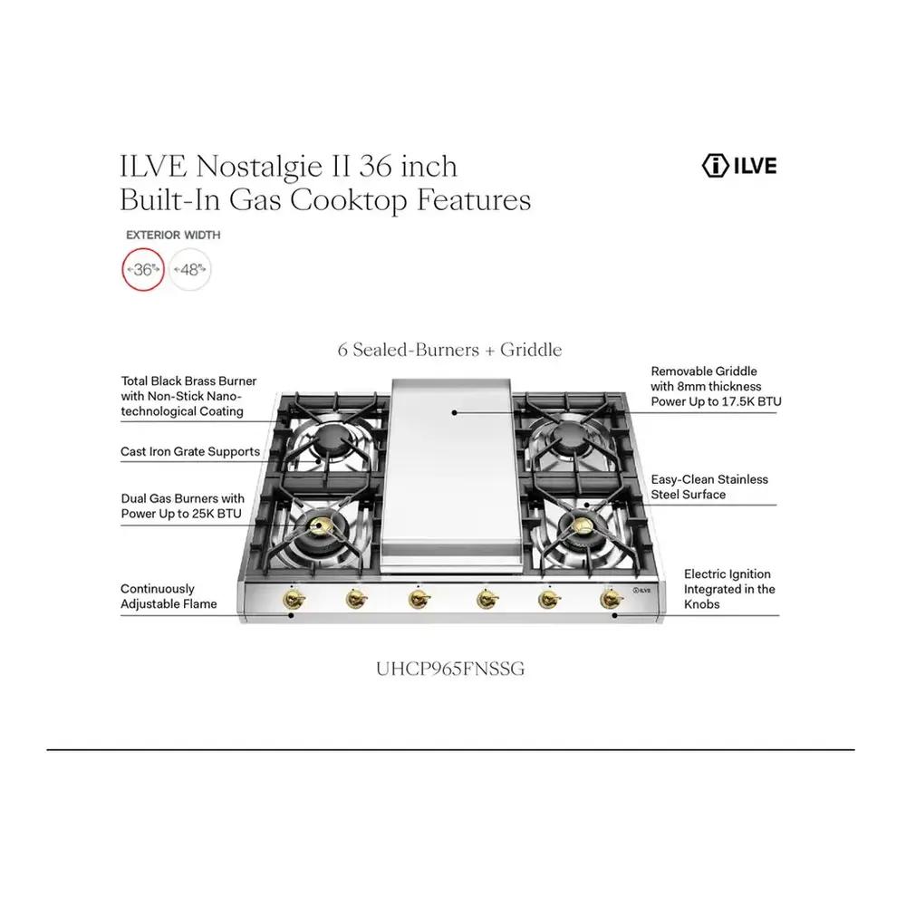 ILVE UHCP965FNSSCLP Nostalgie II 36 inch Built-In Gas Cooktop with Griddle, in Stainless Steel (Liquid Propane, Chrome)