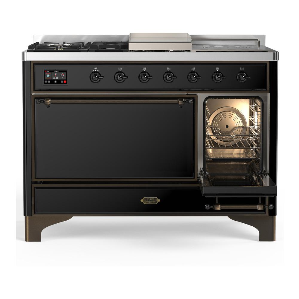 ILVE UM48FSQNR3BKB Majestic III 48 inch Dual Fuel Range with 5 Black Brass Burners, Griddle and French Top, Dual Function Burner up to 25,000 BTU (Natural Gas, Solid Door, Glossy Black, Burnished)