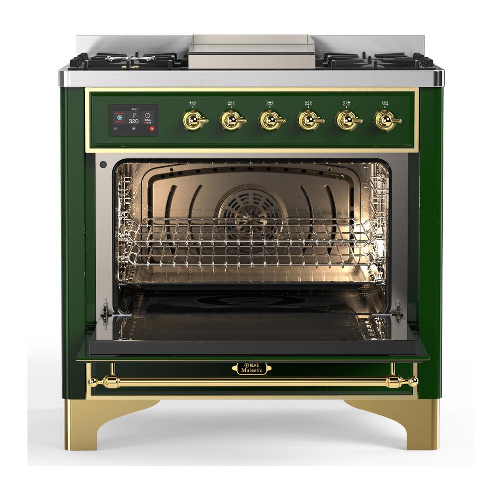 ILVE UM36FQNR3EGG Majestic III 36 inch Dual Fuel Range with 6 Black Brass Burners and Griddle, Dual Function Burner up to 25,000 BTU (Solid Door, Emerald Green, Brass, Natural Gas)