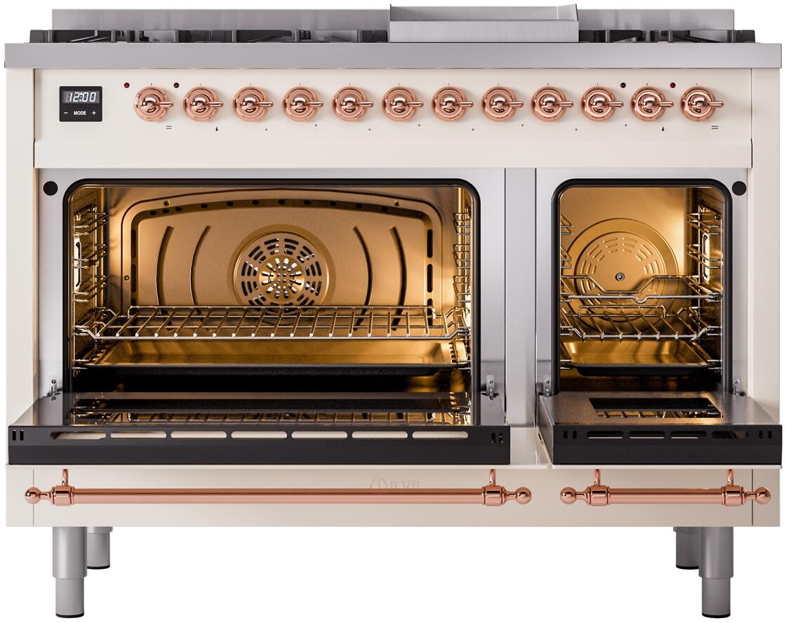 Nostalgie II 48 Inch Dual Fuel Natural Gas Freestanding Range in Antique White with Copper Trim