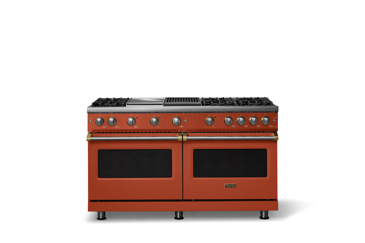 60"W. Sealed Burner Gas Range (Finish: Spiced Cider, Trim: Brushed Brass, Fuel: Natural Gas)