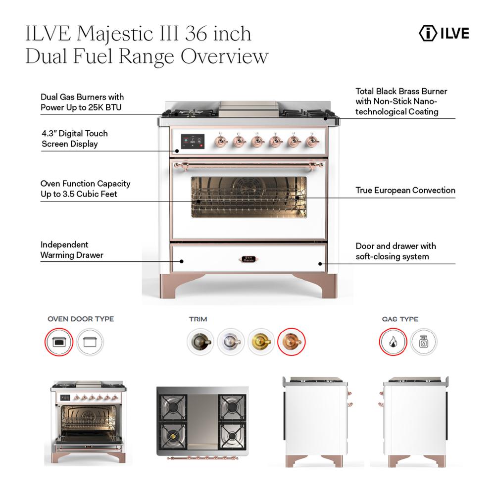 ILVE UM36FNR3BGBLP Majestic III 36 inch Dual Fuel Range with 6 Black Brass Burners and Griddle, Dual Function Burner up to 25,000 BTU (Triple Glass Door, Blue Grey, Burnished, Liquid Propane)