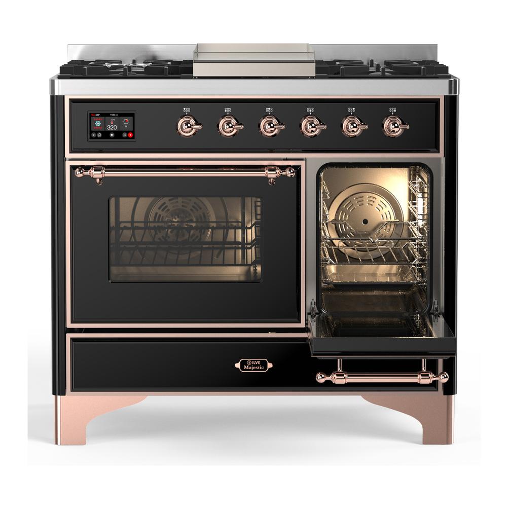 ILVE UMD40FNR3BKP Majestic III 40 inch Dual Fuel Range with 6 Burners and Griddle, Dual Function Burner up to 25,000 BTU (Natural Gas, Triple Glass Door, Glossy Black, Copper)