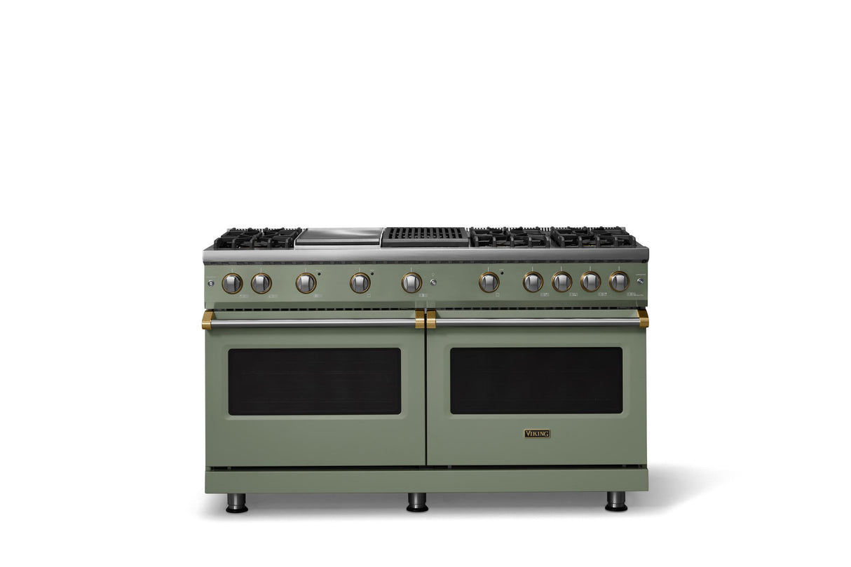 60"W. Sealed Burner Gas Range (Finish: Eucalyptus, Trim: Brushed Brass, Fuel: Natural Gas)