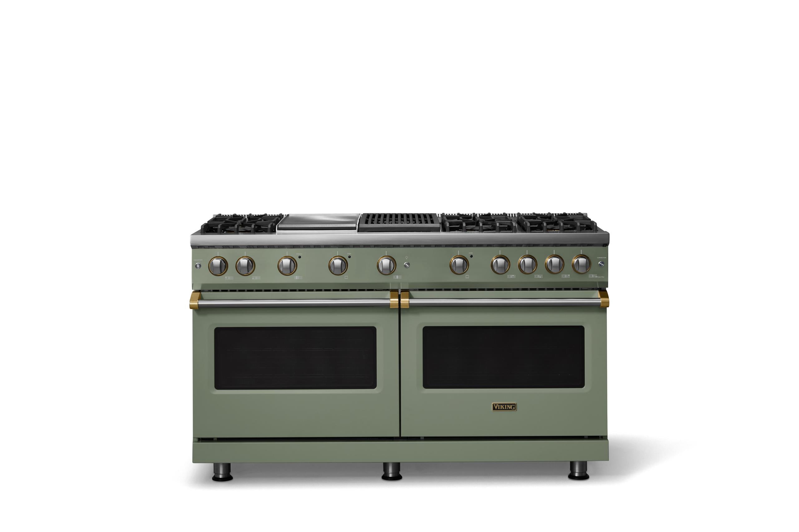 60"W. Sealed Burner Gas Range (Finish: Eucalyptus, Trim: Brushed Brass, Fuel: Natural Gas)