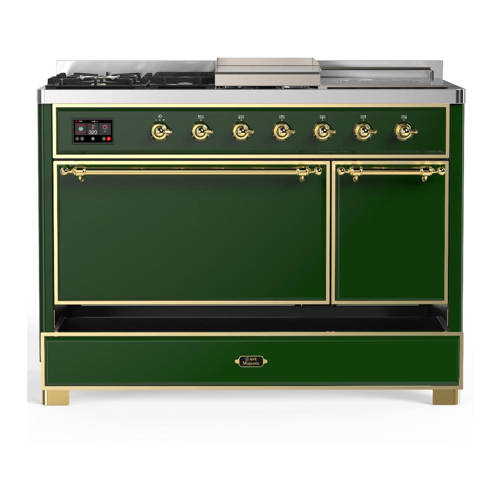 ILVE UM48FSQNR3EGGLP Majestic III 48 inch Dual Fuel Range with 5 Black Brass Burners, Griddle and French Top, Dual Function Burner up to 25,000 BTU (Liquid Propane, Solid Door, Emerald Green, Brass)