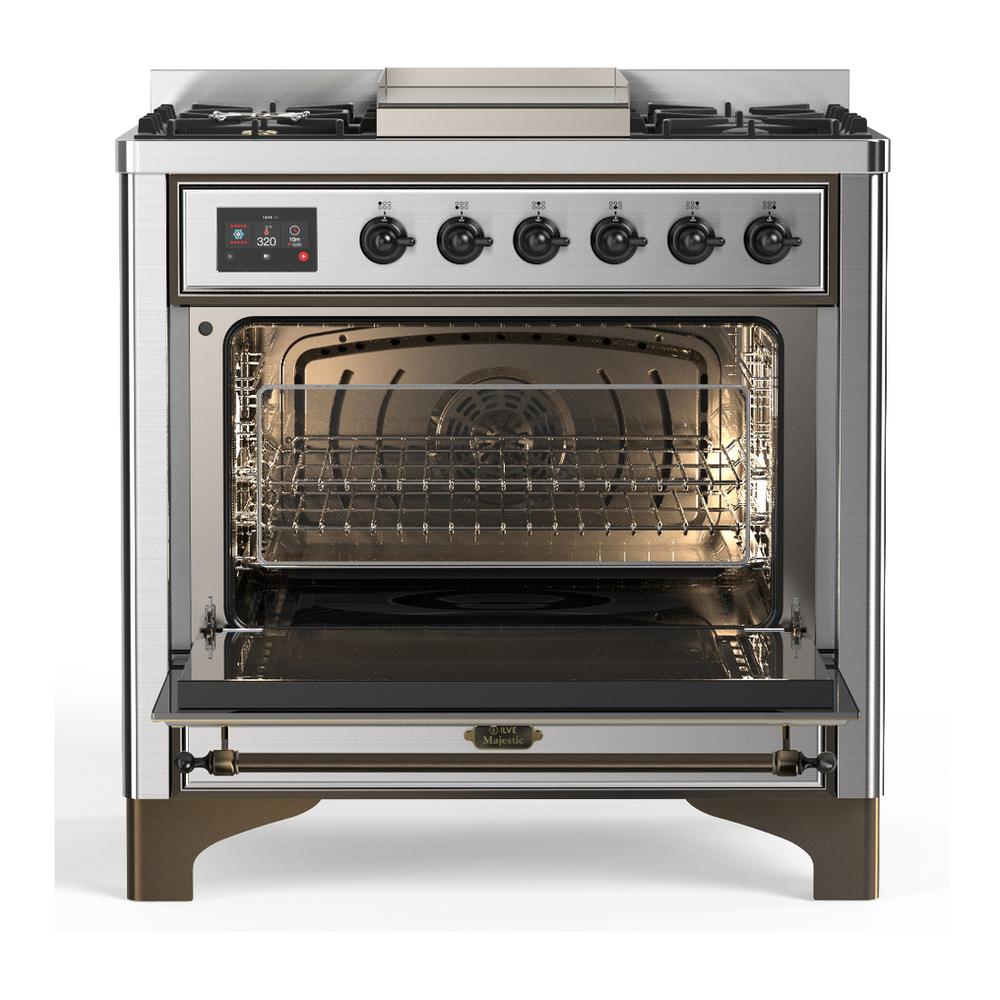 ILVE UM36FNR3SSB Majestic III 36 inch Dual Fuel Range with 6 Black Brass Burners and Griddle, Dual Function Burner up to 25,000 BTU (Triple Glass Door, Stainless Steel, Burnished, Natural Gas)