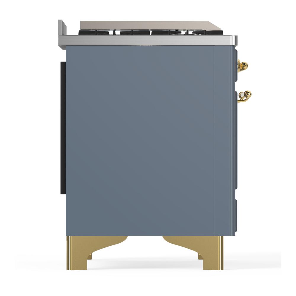 ILVE UM60FQNR3BGGLP Majestic III 60 inch Dual Fuel Range with 9 Burners and Griddle, Dual Function Burner up to 25,000 BTU (Liquid Propane, Solid Door, Blue Grey, Brass)