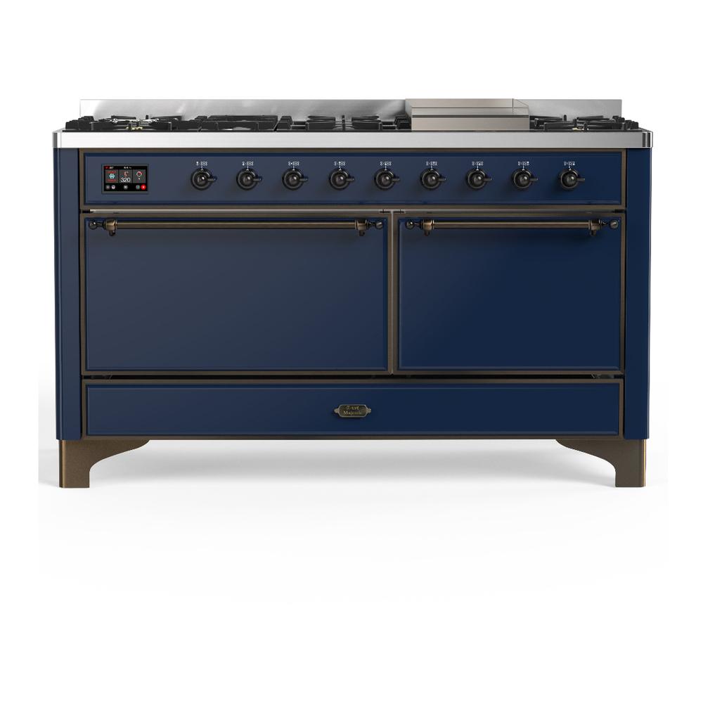 ILVE UM60FQNR3MBBLP Majestic III 60 inch Dual Fuel Range with 9 Burners and Griddle, Dual Function Burner up to 25,000 BTU (Liquid Propane, Solid Door, Midnight Blue, Burnished)