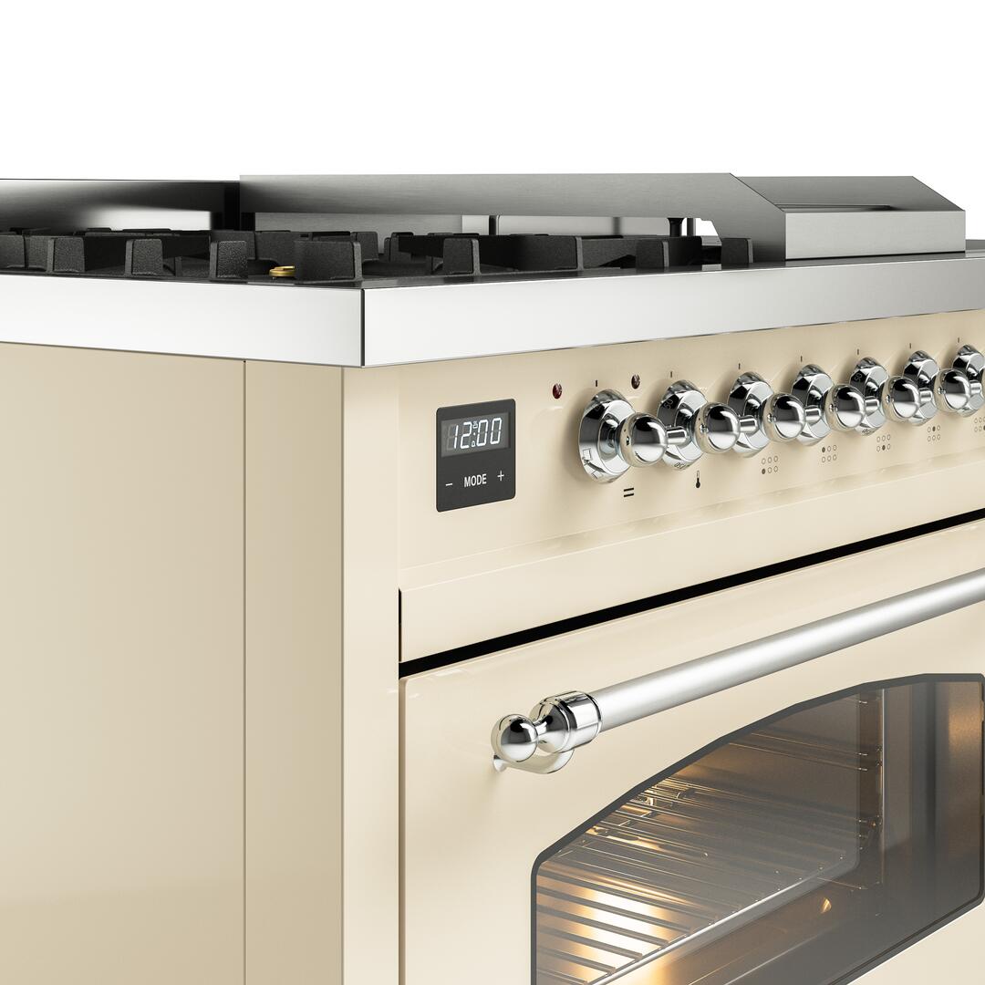 Nostalgie II 48 Inch Dual Fuel Natural Gas Freestanding Range in Antique White with Chrome Trim