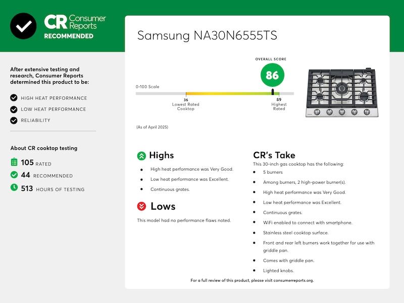 30" Smart Gas Cooktop with Illuminated Knobs in Stainless Steel