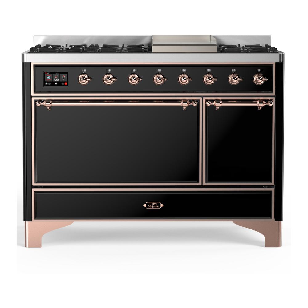 ILVE UM48FQNR3BKP Majestic III 48 inch Dual Fuel Range with 8 Burners and Griddle, Dual Function Burner up to 25,000 BTU (Natural Gas, Solid Door, Glossy Black, Copper)