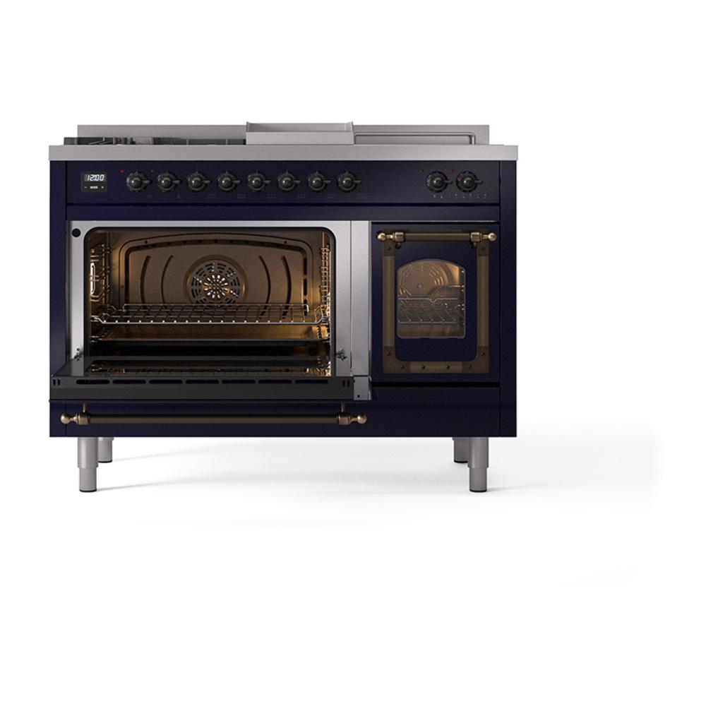 ILVE UN48FSNMPMBBLP Nostalgie II Noblesse 48 inch Dual Fuel Range (5 Sealed Burners + Griddle + French Top, Liquid Propane, Triple Glass Door, Midnight Blue, Burnished)