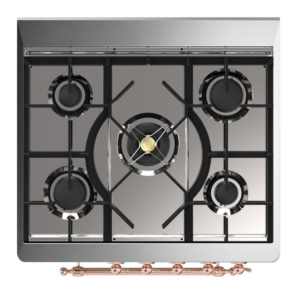 ILVE UM30NR3BUPLP Majestic III 30 inch Dual Fuel Range with 5 Black Brass Burners, Dual Function Burner up to 25,000 BTU (Liquid Propane, Triple Glass Door, Burgundy, Copper)