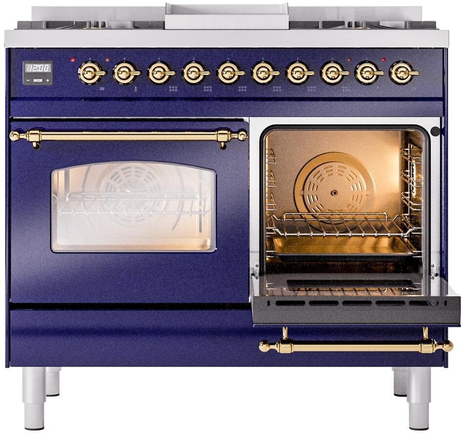 Nostalgie II 40 Inch Dual Fuel Natural Gas Freestanding Range in Blue with Brass Trim