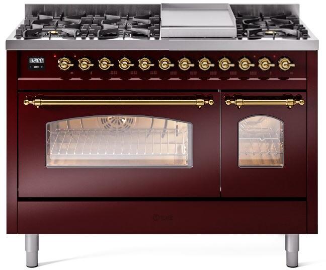 Nostalgie II 48 Inch Dual Fuel Liquid Propane Freestanding Range in Burgundy with Brass Trim