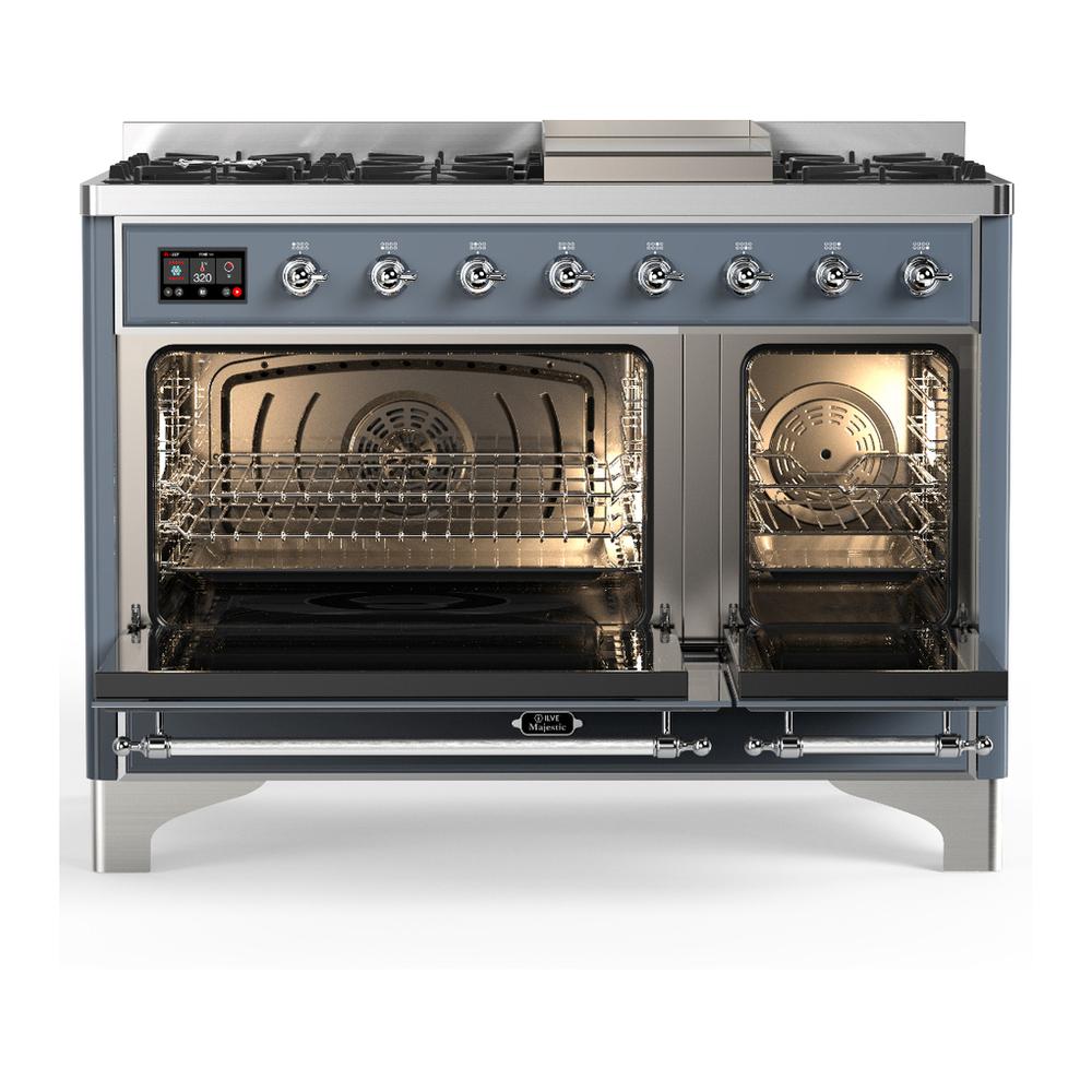 ILVE UM48FNR3BGC Majestic III 48 inch Dual Fuel Range with 8 Burners and Griddle, Dual Function Burner up to 25,000 BTU (Natural Gas, Triple Glass Door, Blue Grey, Chrome)