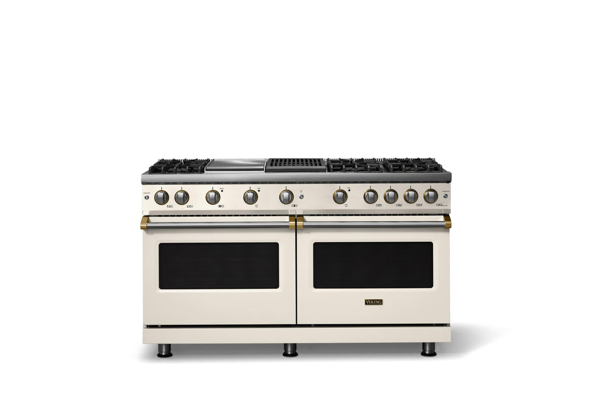 60"W. Sealed Burner Gas Range (Finish: Pure White, Trim: Brushed Brass, Fuel: Natural Gas)