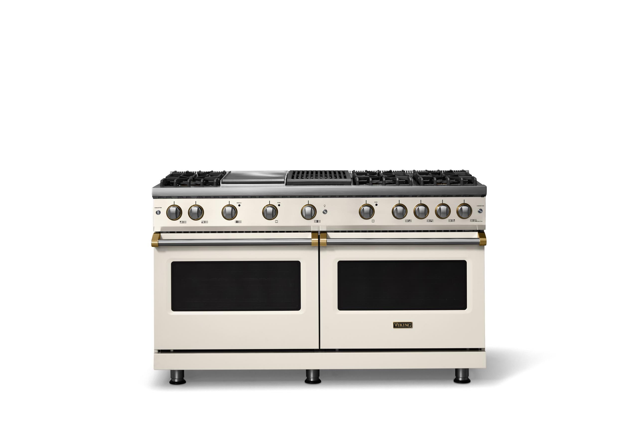 60"W. Sealed Burner Gas Range (Finish: Pure White, Trim: Brushed Brass, Fuel: Natural Gas)