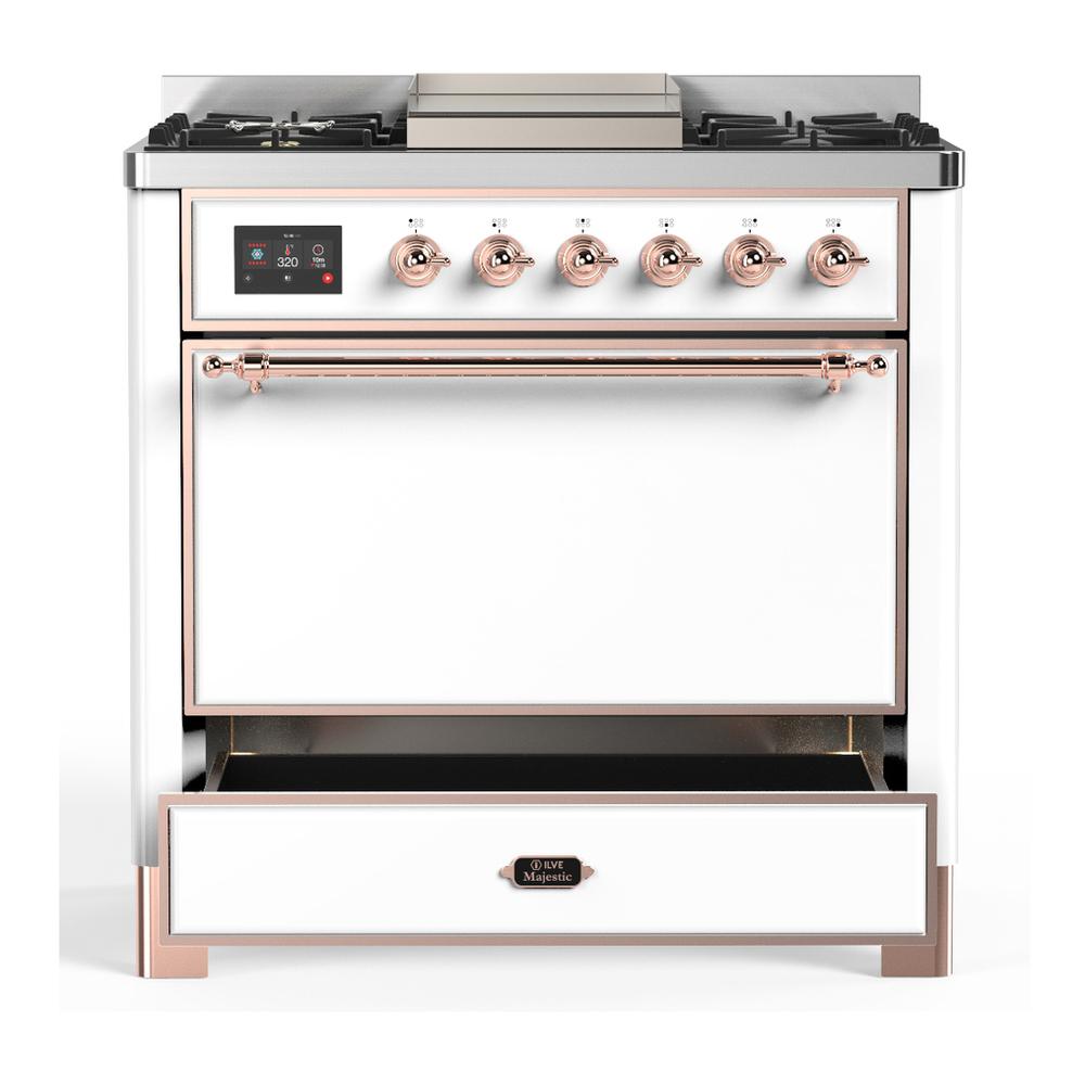 ILVE UM36FQNR3WHP Majestic III 36 inch Dual Fuel Range with 6 Black Brass Burners and Griddle, Dual Function Burner up to 25,000 BTU (Solid Door, White, Copper, Natural Gas)