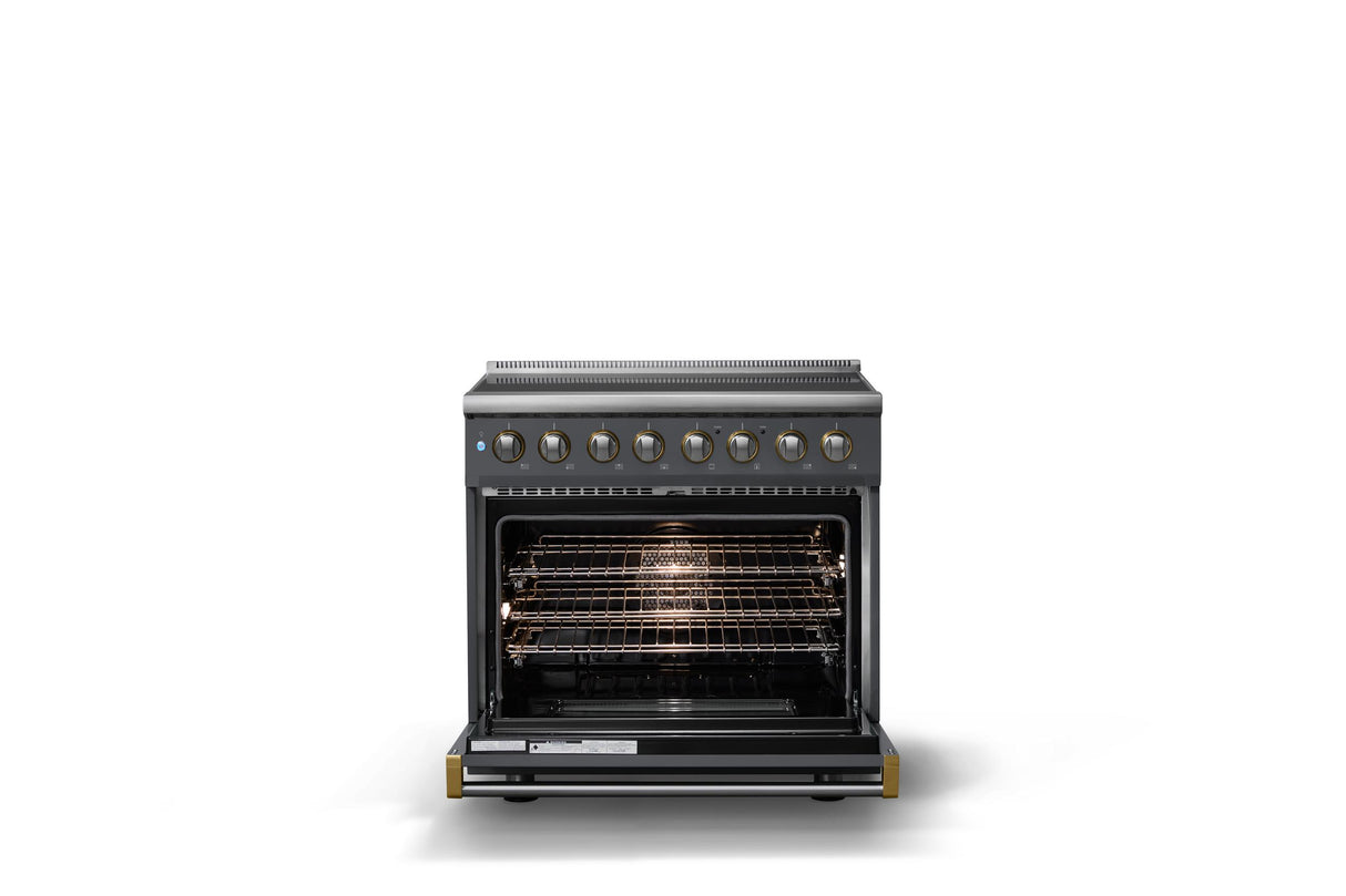 36"W. Induction Range (Finish: Cast Black, Trim: Brushed Brass)