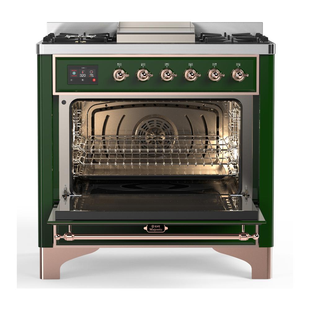 ILVE UM36FQNR3EGP Majestic III 36 inch Dual Fuel Range with 6 Black Brass Burners and Griddle, Dual Function Burner up to 25,000 BTU (Solid Door, Emerald Green, Copper, Natural Gas)