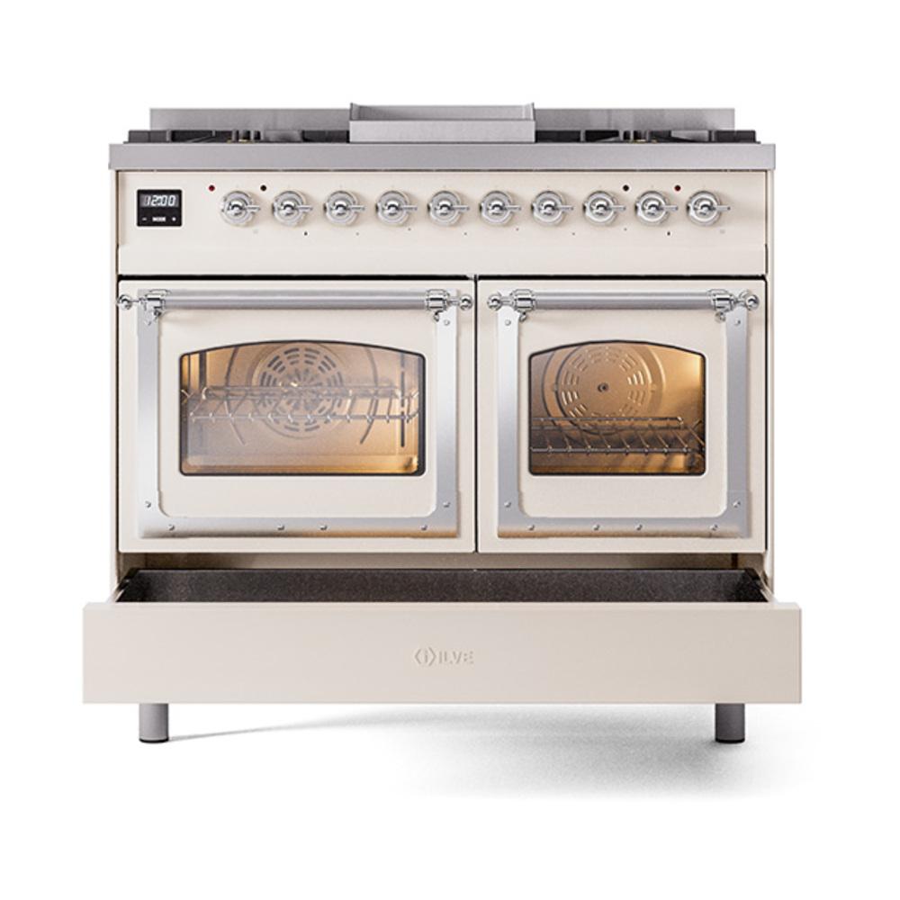 ILVE UND40FNMPAWCLP Nostalgie II Noblesse 40 inch Dual Fuel Range (Liquid Propane, Triple Glass Door, Antique White, Chrome)