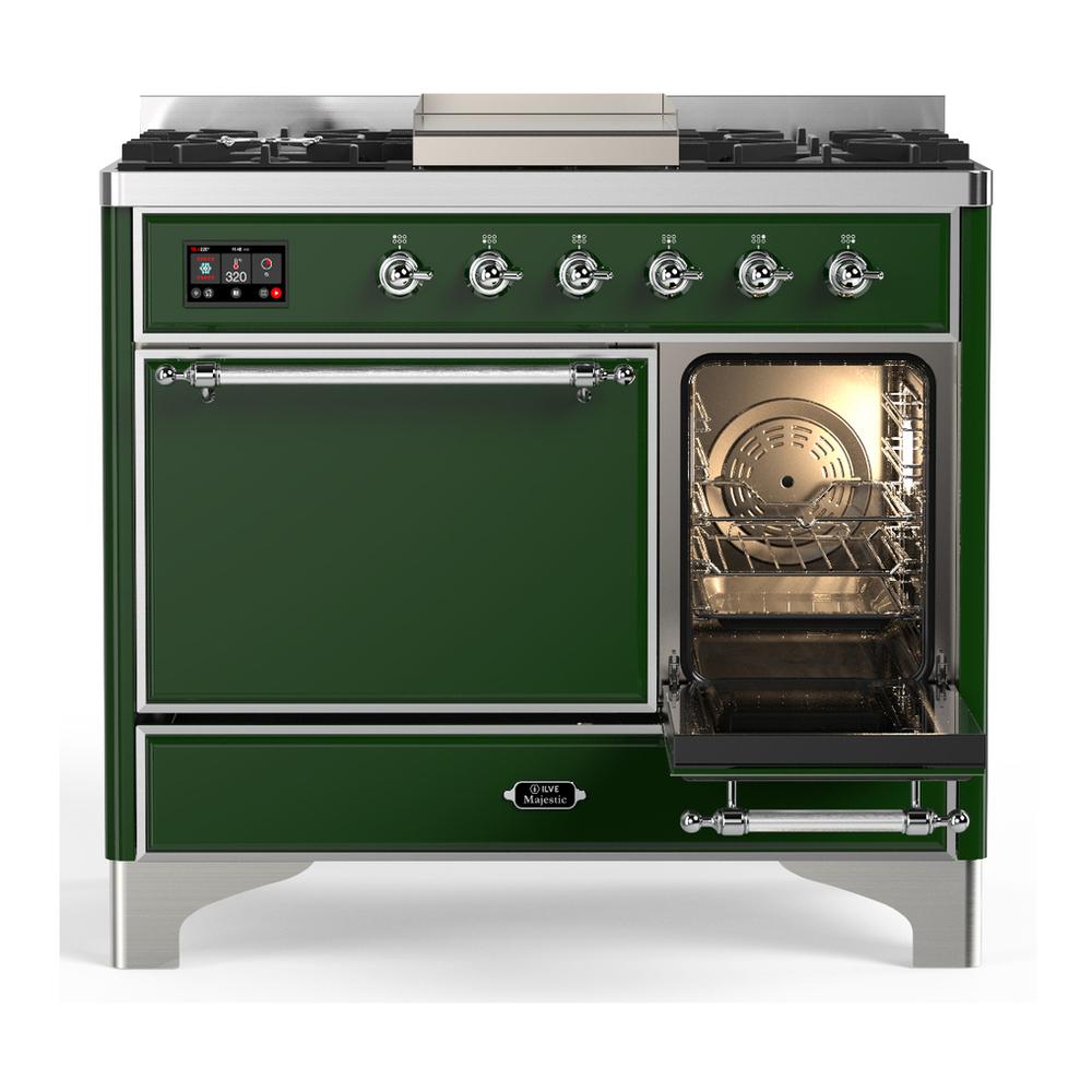 ILVE UMD40FQNR3EGC Majestic III 40 inch Dual Fuel Range with 6 Burners and Griddle, Dual Function Burner up to 25,000 BTU (Natural Gas, Solid Door, Emerald Green, Chrome)