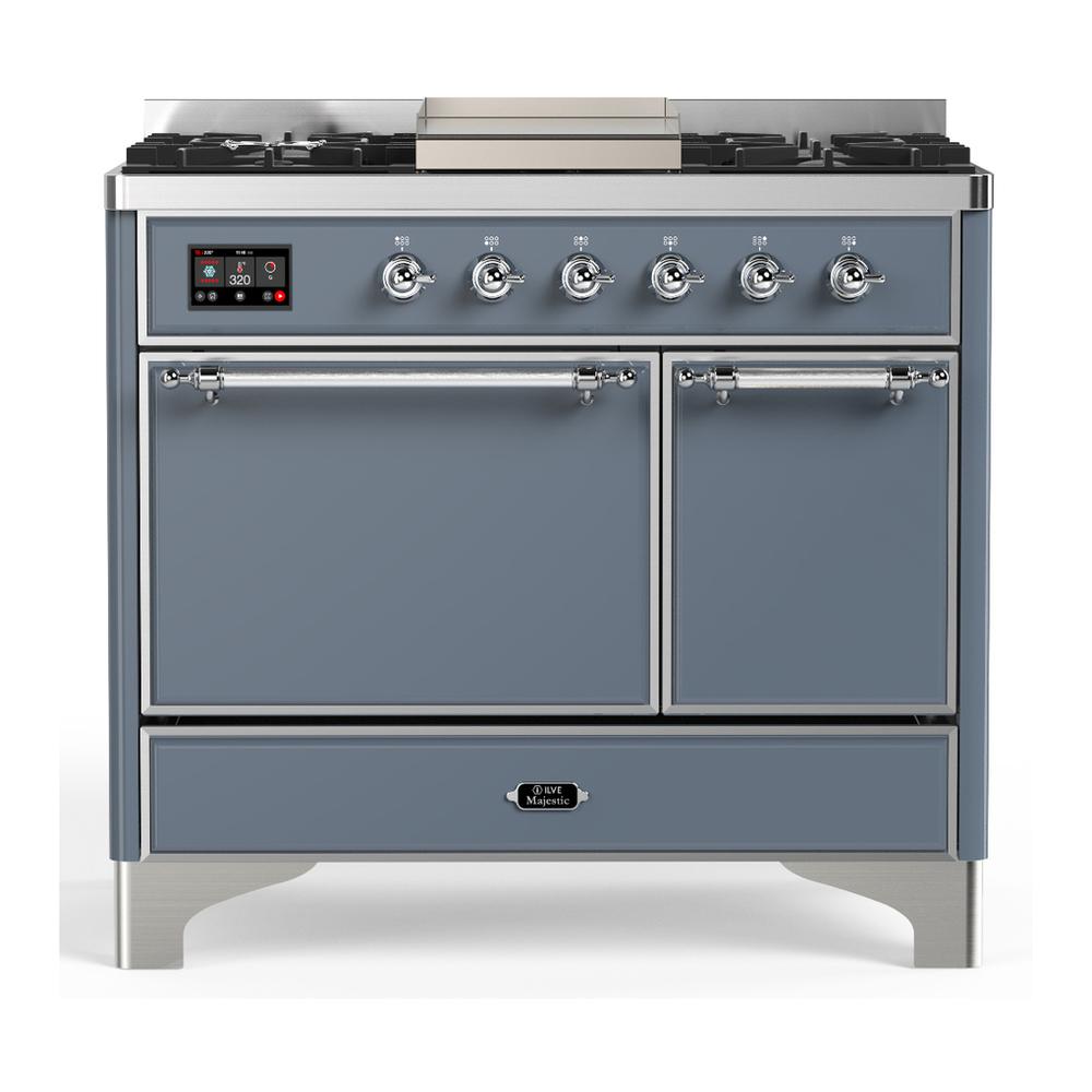 ILVE UMD40FQNR3BGCLP Majestic III 40 inch Dual Fuel Range with 6 Burners and Griddle, Dual Function Burner up to 25,000 BTU (Liquid Propane, Solid Door, Blue Grey, Chrome)