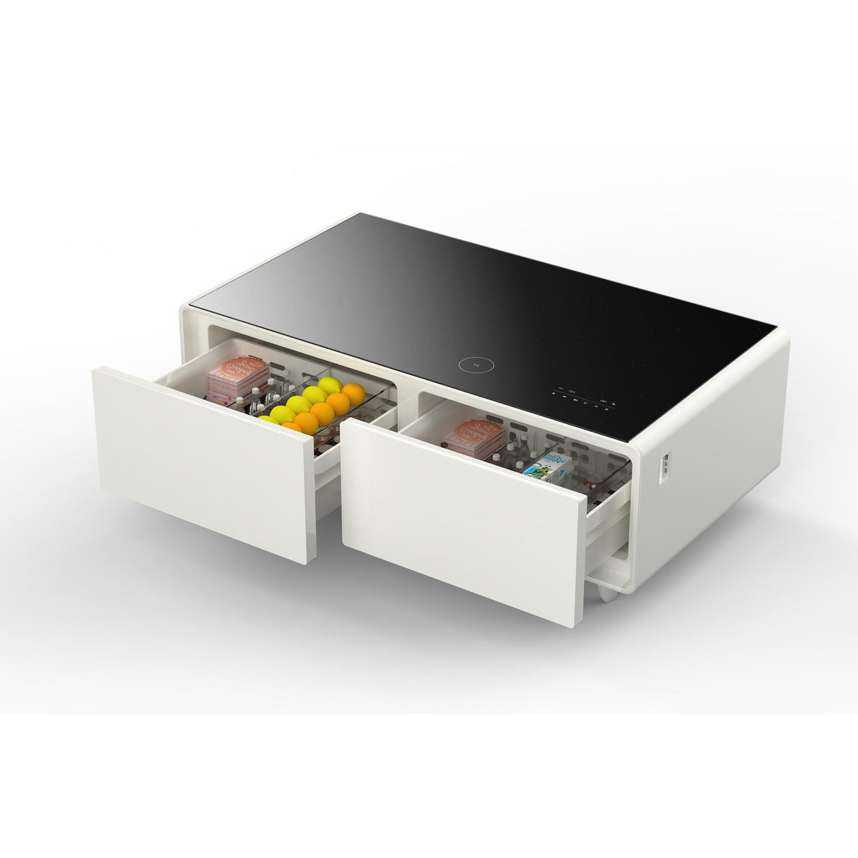Forno Evoluto Tavolo 51-Inch White Smart Coffee Table - Dual Refrigerator Drawers, Bluetooth 5.0 Audio, Wireless Charging & RGB Ambient Light