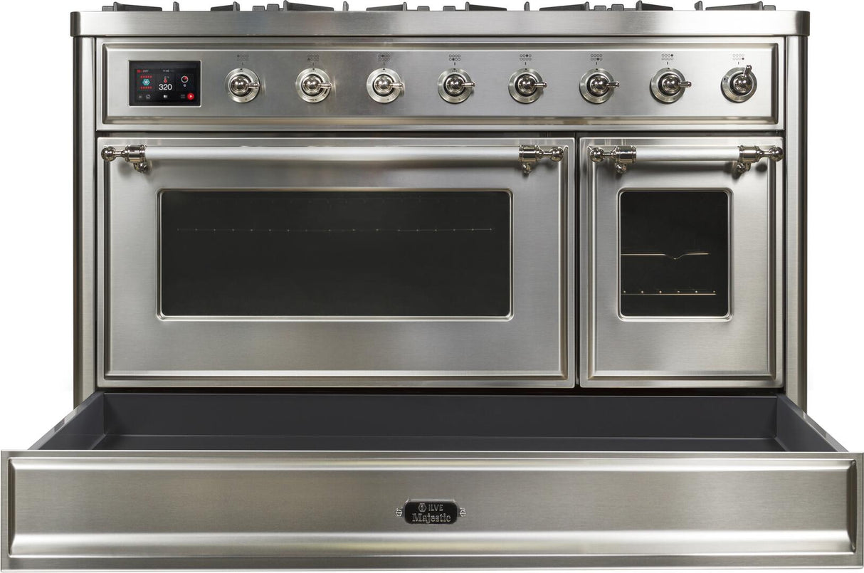 Majestic II 48 Inch Dual Fuel Natural Gas Freestanding Range in Stainless Steel with Chrome Trim