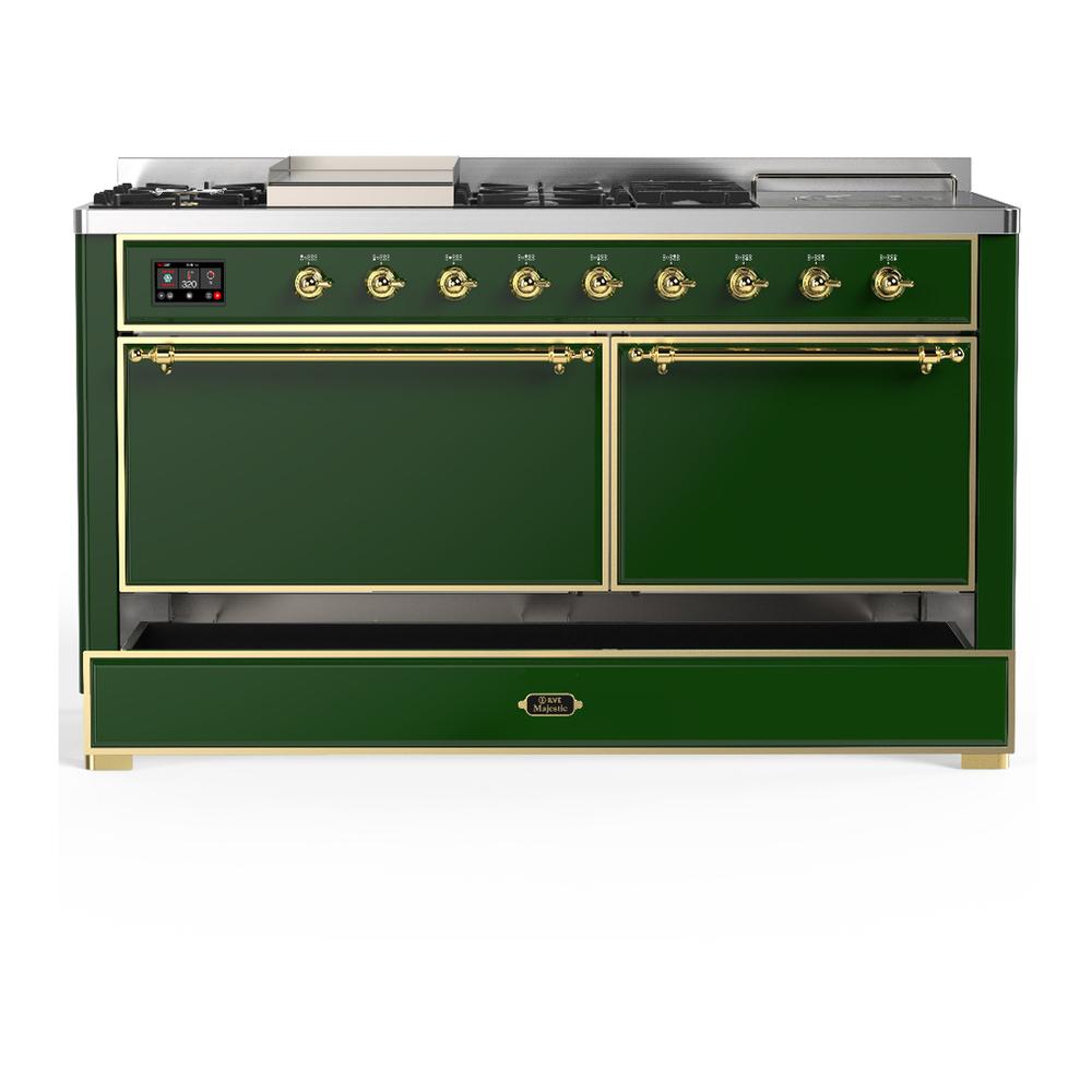 ILVE UM60FSQNR3EGGLP Majestic III 60 inch Dual Fuel Range with 7 Burners, Griddle and French Top, Dual Function Burner with up to 25,000 BTU (Liquid Propane, Solid Door, Emerald Green, Brass)