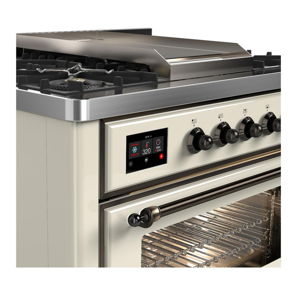 ILVE UM36FNR3AWB Majestic III 36 inch Dual Fuel Range with 6 Black Brass Burners and Griddle, Dual Function Burner up to 25,000 BTU (Triple Glass Door, Antique White, Burnished, Natural Gas)